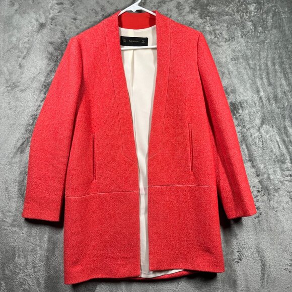 ZARA Blazer Coat Womens Size Small Orange Red Linen Cotton Blend Pockets - Picture 2 of 10